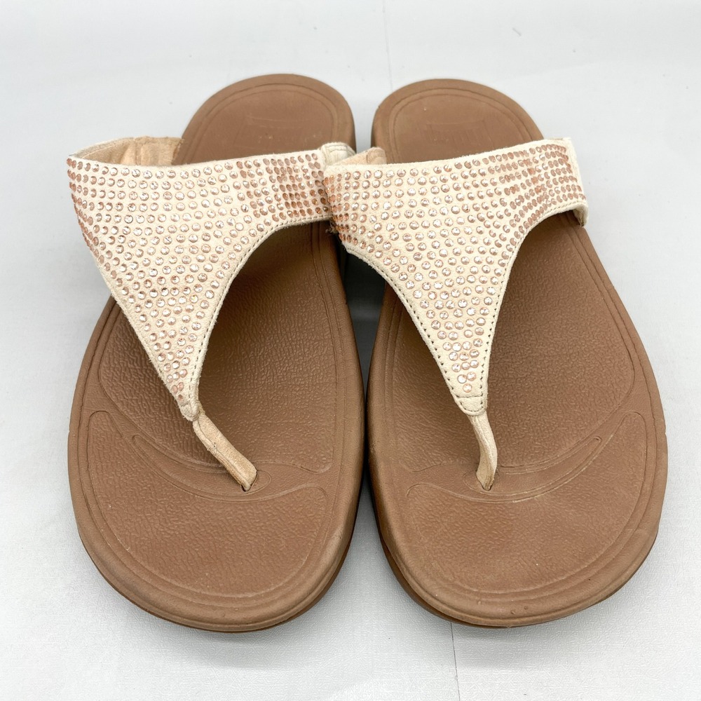 FitFlop Womens 8 Lulu Crystal Embellished Suede Sandals Beige Tan Thong Comfort - Picture 4 of 12